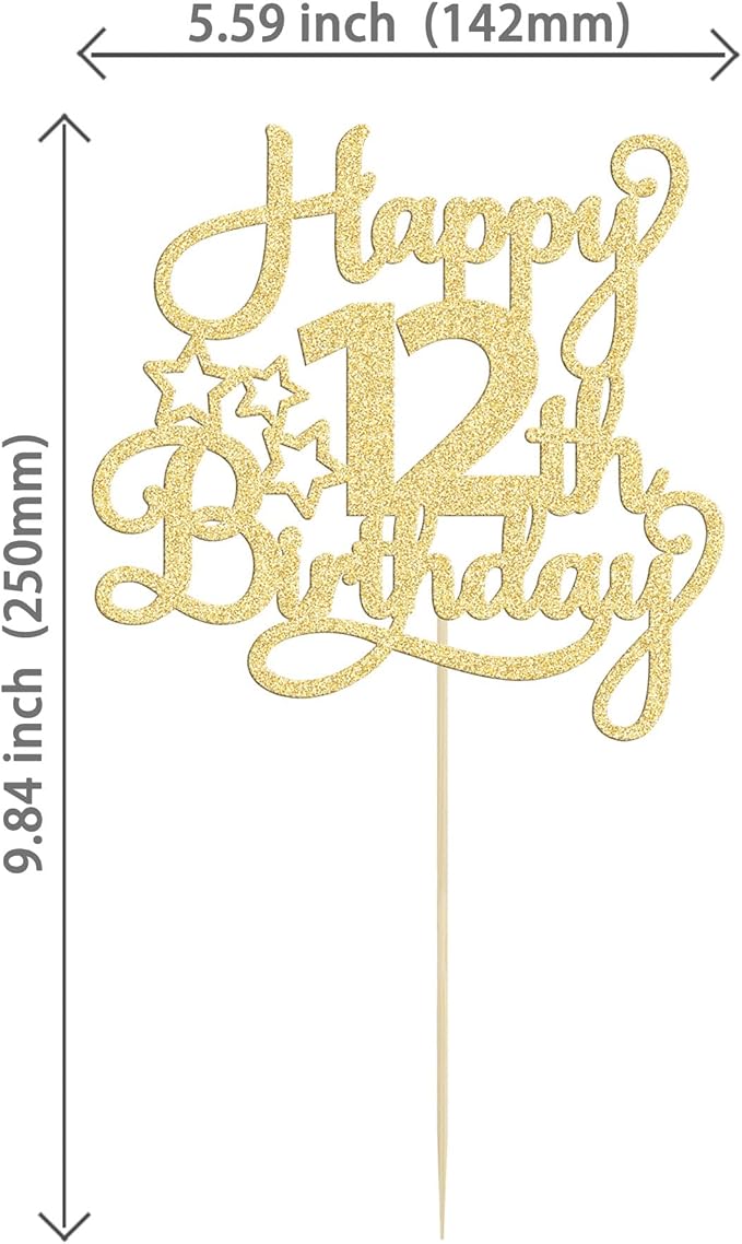 1 Pack Happy 12th Birthday Cake Topper Glitter Heart Star 12 Fabulous Cake Pick Birthday Sign Cake Decorations for Children 12th Birthday Theme Party Supplies Gold