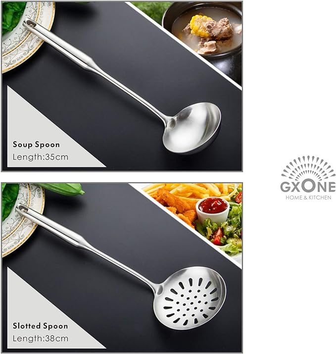 Kitchen Utensil Set ??6 Piece Stainless Steel Cooking Utensils with Rotating Holder Organizer Includes Slotted Spoon, Slotted Spatula, Large Spoon, Soup Ladle, Spatula, Pasta Server Silver/7PCS