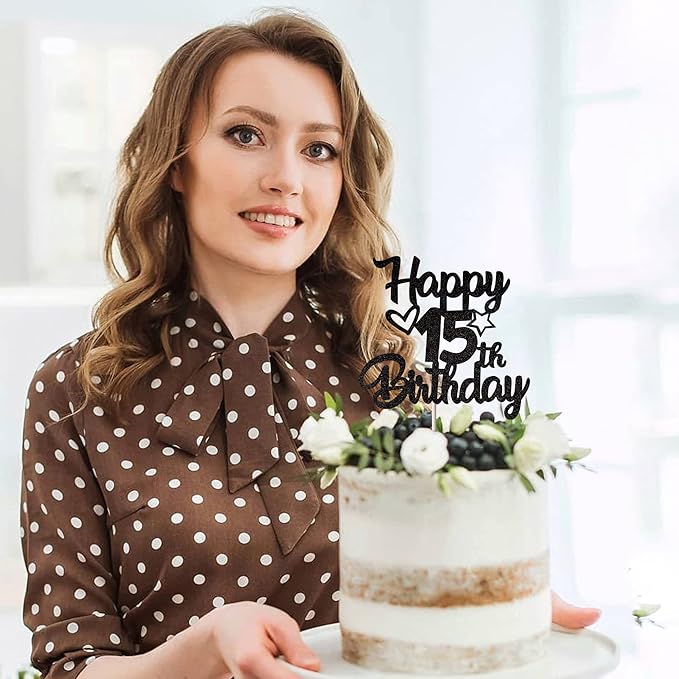 1 Pack Happy 15th Birthday Cake Topper Glitter Heart Star 15 Fabulous Cake Pick Birthday Sign Cake Decorations for Children 15th Birthday Theme Party Supplies Black