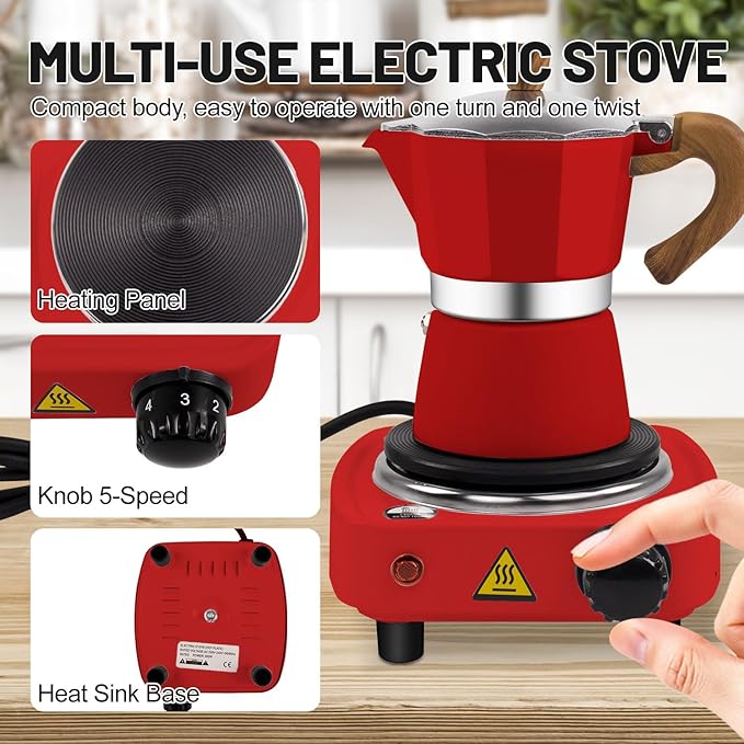 2-in-1 Moka Pot Espresso Set with Electric Stove 3 Cup Aluminum Stovetop Coffee Maker Percolator Italian Classic Mocha Coffee Machine for Italian and Cuban Cafe Brewing Portable Camping Red