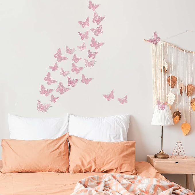 Crosize 72Pcs Pink 3D Butterfly Wall Decor - 3 Sizes, Party & Cake Decorations, Stickers & Decals for Girls, Kids, Baby Bedroom & Bathroom