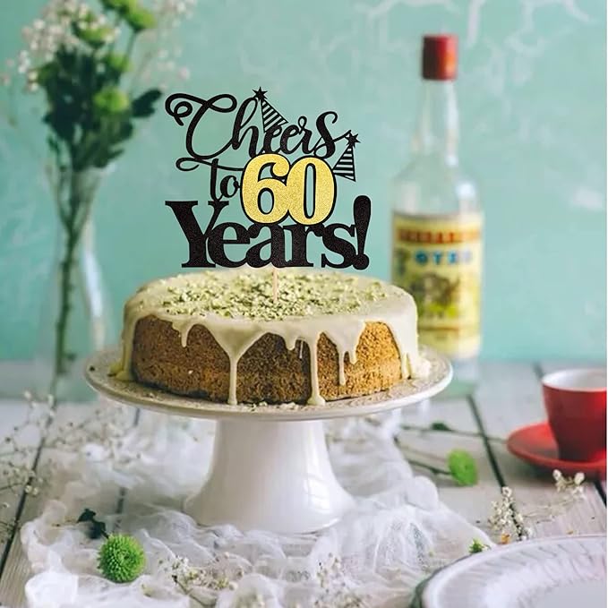 Rsstarxi 1 Pack Cheers to 60 Years Cake Topper Black Glitter Sixty Years Old 60th Birthday Cake Pick Decorations for 60th Birthday Wedding Anniversary Party Supplies