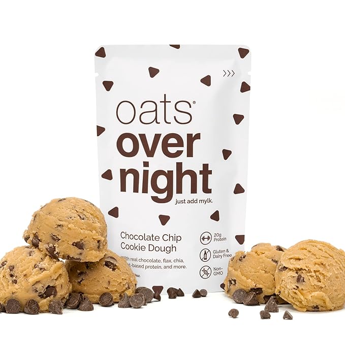 Oats Overnight - Chocolate Chip Cookie Dough - Vegan, 20g Protein, High Fiber Breakfast Shake - Gluten Free, Non GMO Oatmeal (2.6 oz per meal) (8 Pack + Shaker Bottle)