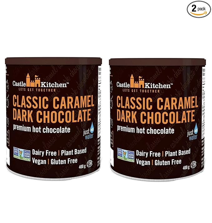 Castle Kitchen Caramel Dark Hot Chocolate (2 Pack) Premium Plant Based, Dairy Free, Gluten-Free, Vegan Hot Coca Mix - Just Add Water - 14 oz