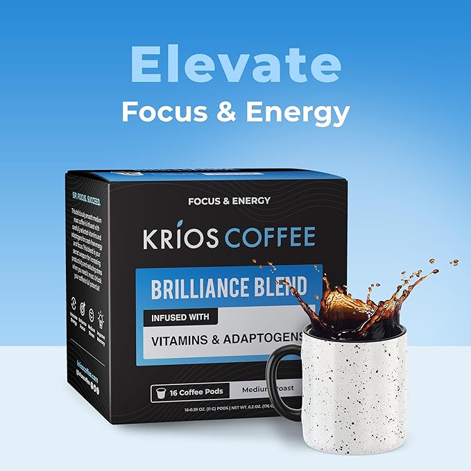 Krios Coffee Brilliance Coffee Pods, Enhance Energy & Focus with Essential Vitamins, L-Theanine, Bacopa Monnieri & Rhodiola Rosea, Medium Roast, Smooth, 16 Ct