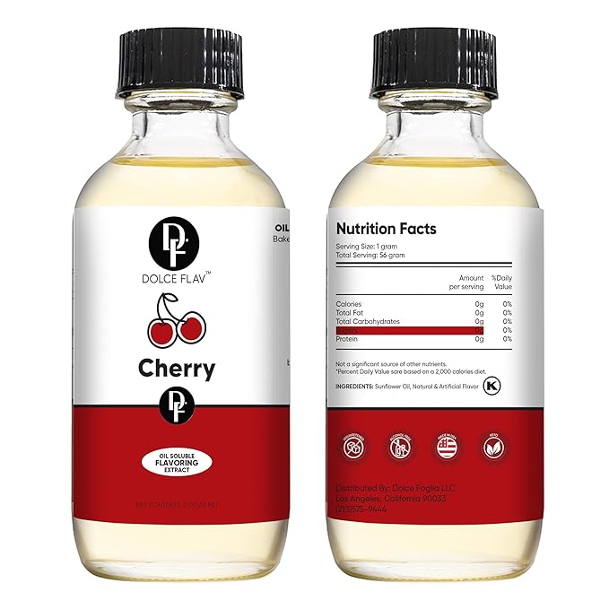 Dolce Flav Cherry Extract ??2 Ounce Oil-Soluble Kosher, Sugar-Free, Concentrated Fruity Flavor for Candy, Chocolates & Desserts, Includes Measured Dropper, Pack of 2