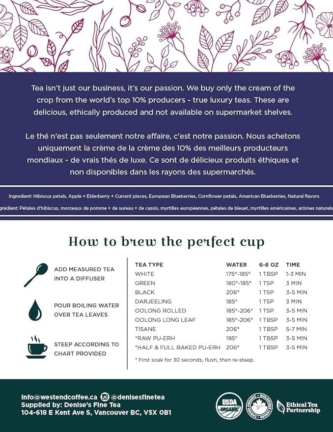 Denise's Fine Tea, USDA Organic, Bingo Blueberry, Herb and Fruit Tea, Caffeine-Free, Loose Leaf (100g)
