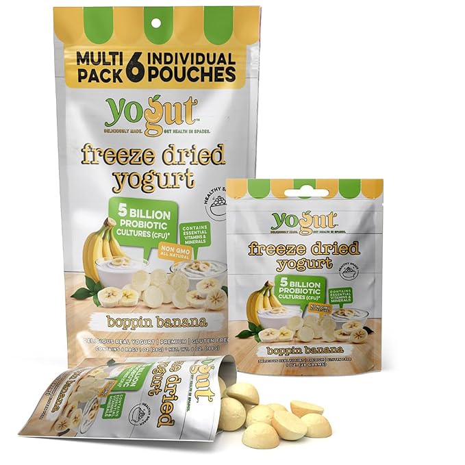 YoGut Freeze Dried Yogurt Snack, Banana, 6 Pk, Healthy Snacks for Kids, Toddlers & Adults, Gluten Free, Non GMO, With 5 Billion Live Probiotics, Vitamins & Minerals, Individual Snack Packs