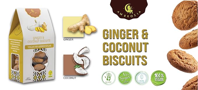 Ambrozia Vegan Snack Biscuits ??Ginger & Coconut - Soft Baked, No Added Sugar, Clean Label, High Fiber & Wholesome Ingredients, Kid-Friendly, Healthy Snacks for Active Lifestyles, 4 x 4.58 Oz