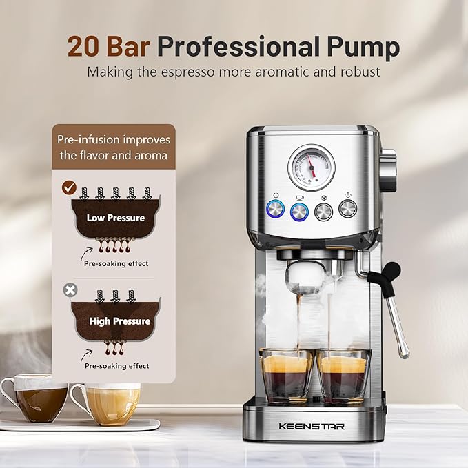 Espresso Machine 20 Bar, Cold Brew Espresso Maker with Milk Frother Steam Wand, Compact Stainless Steel Semi Automatic Espresso Coffee Machine for Cappuccino & Latte & Americano Maker