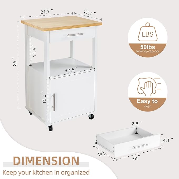 Shintenchi Kitchen Island Cart with Storage,Rolling Side Table on Wheels with Worktop,Single Door Cabinet and Drawer for Dinning Room, White