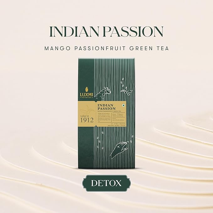Luxmi Estates Indian Passion Organic Mango Passion Fruit Green Tea (25 Tea Bags) Mildly Caffeinated Tea Bags For Detox, Cleansing, and Digestion, With Certified Organic Darjeeling Makaibari Green Tea