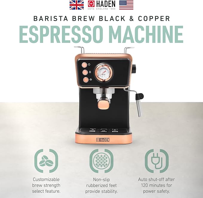 HADEN Barista Brew Espresso Coffee Machine, Stainless Steel Espresso Maker with Milk Frother and Steamer Function and 1.5L Water Tank, Black & Copper