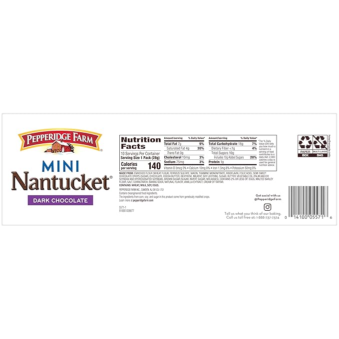 Pepperidge Farm Nantucket Mini Dark Chocolate Chip Cookies, 1 Oz Snack Packs, 10 Pk