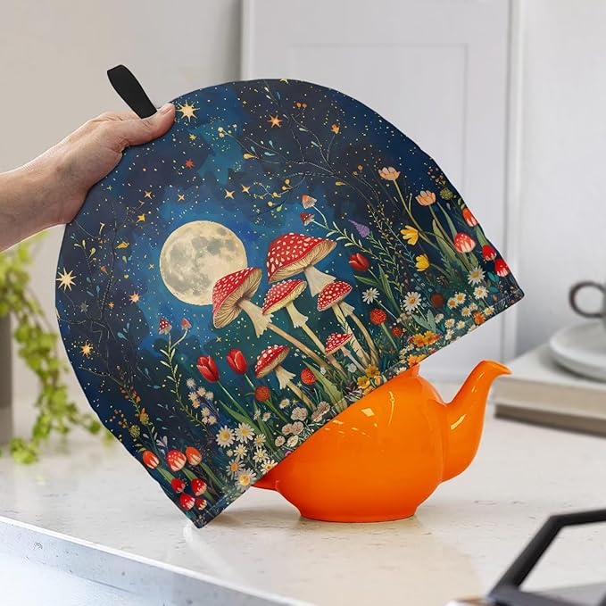 Mushrooms Moon Pattern Tea Cozy for Teapot Dome Teapot Cover Customized Teapot Covers with Handle Dust Cover Kitchen Kettle Dust Cover Can Hung and Folded Tea Pot Kitchen Decorative 竊뉰lue竊?"<div>