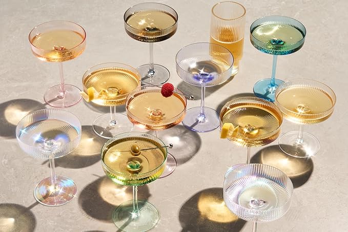 Khen Ribbed Vintage Art Deco Coupe Glasses - Martini, Champagne & Cocktail Ribbed Glasses 8oz | Cute Crystal Glassware Sets, Pink, 4 Pieces, Housewarming Gifts