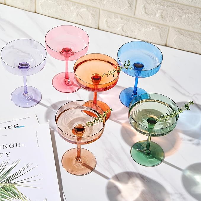 Khen Ribbed Vintage Art Deco Coupe Glasses - Martini, Champagne & Cocktail Ribbed Glasses 8oz | Cute Crystal Glassware Sets - Goblet Stemmed Ripple Glassware, Housewarming Glass, Fall/Holiday 6 Pieces