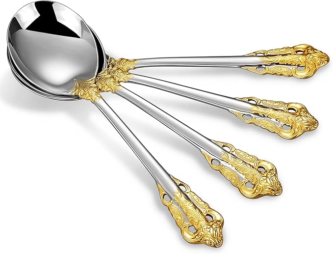 KEAWELL Gorgeous Round Soup Spoon, Set of 4, 18/10 Stainless Steel, Luxury Bouillon Spoon, Dishwasher Safe, Fine Mirror Polished (Gold Accent)