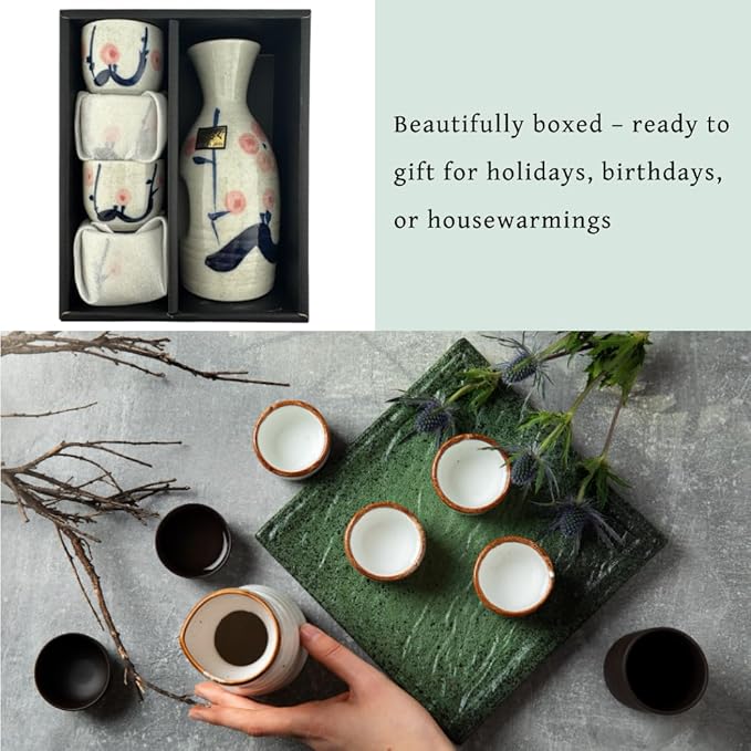 JapanBargain 4979, Japanese Porcelain Plum Sake Set Sake Carafe Bottle Sake Cups for Serving Hot Sake and Cold Sake, Made in Japan, White, 8.5 oz