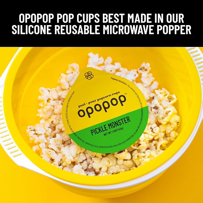 Opopop Microwave Popcorn - Pop Cups Pickle Monster 6-Pack, Non-GMO Gourmet Popcorn Kernels & Popcorn Flavoring, Gluten Free Snacks, Easy to Make and No Mess