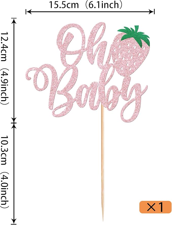 YCTHUNFISH 1 Pack Sweet Oh Baby Cake Topper Glitter Strawberry Cake Pick Fruit Berry Cake Decoration for Summer Baby Shower Kids Birthday Party Supplies Pink