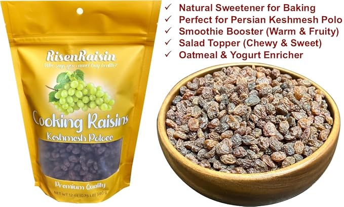 Cooking Raisins (Keshmesh Poloee) | 12 oz (340 g) | No Sugar Added | All Natural & Unsulfured | Soft & Flavorful | Ideal for Persian Rice & Baking | Packed in California | RisenRaisin Brand