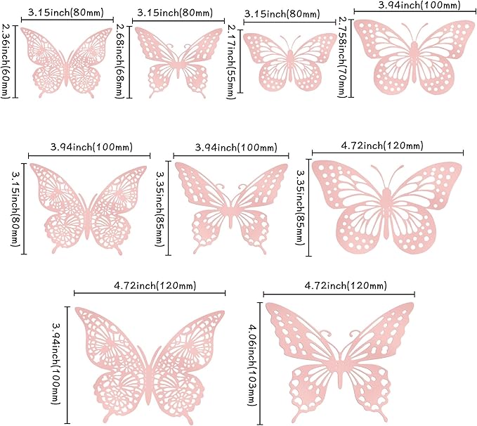 Gyufise 36 Pack Rose Gold Glitter 3D Cupcake Toppers - Hollow Butterfly Cake Decorations for Birthday Wedding Fairy Party - Wall Sticker Decal for Background Wall Decoration
