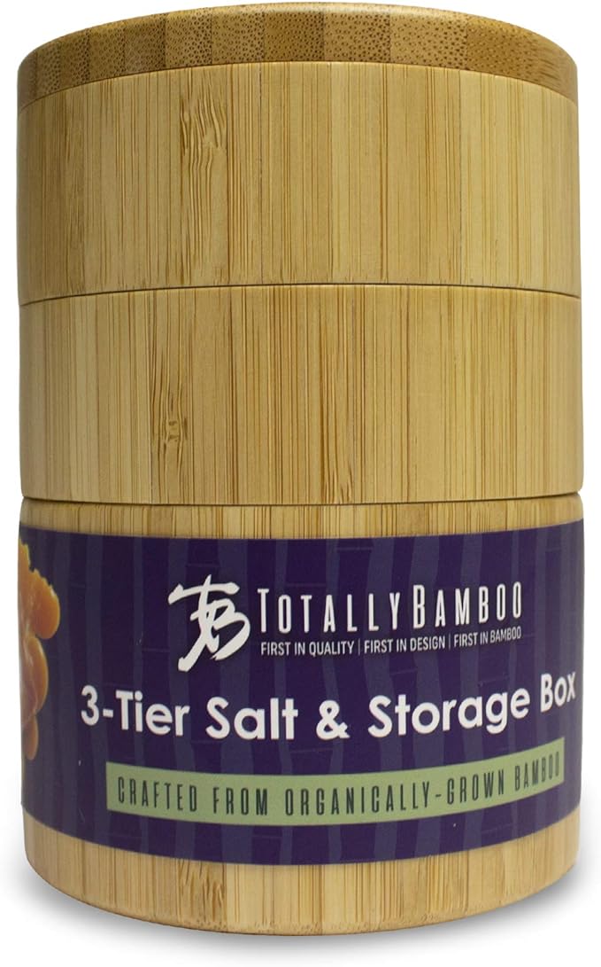 Totally Bamboo Triple Salt Cellar, 3 Tier Bamboo Kitchen Salt and Pepper Storage Box with Magnetic Swivel Lids