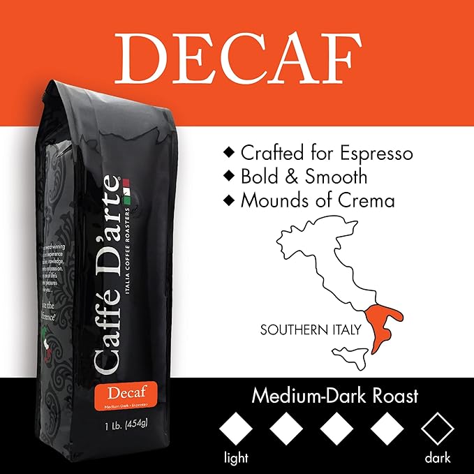 Caffe D'arte Decaf Whole Bean Espresso Coffee ??Bold & Smooth Medium Dark Roast with Rich Crema ??Crafted for Espresso Machines ??1 lb Bag, Pack of 2