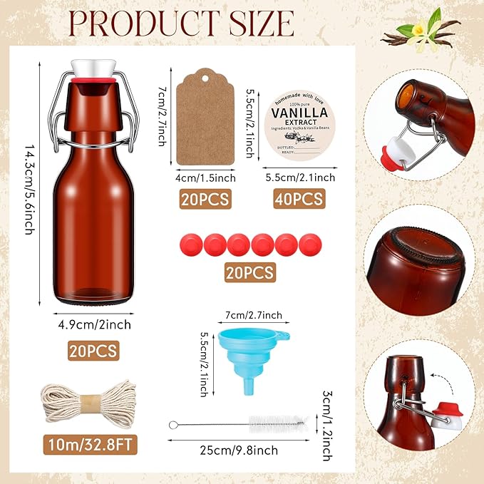 Vesici 20 Sets Swing Top Glass Bottles Set Amber Homemade Vanilla Extract Bottles with Stoppers Stickers Caps Jar Brush Funnel Rope Labels Vanilla Extract Jars for Holiday DIY Crafts (4 oz)