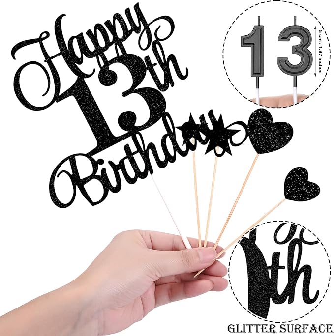 13th Birthday Cake Decorations Set Include 13th Birthday Candles Numeral 13 Cake Candles and Happy 13th Birthday Cake Toppers with Heart Star Cupcake Picks for Birthday Party (Black Series)