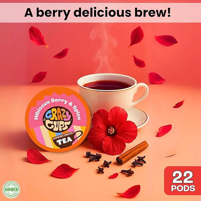 Crazy Cups Hibiscus Berry & Spice Herbal Tea Pods, 22 Count, Caffeine Free, Kosher Certified, Fruity & Spiced Blend with Cinnamon, Ginger & Clove | K Cup Compatible, Hot or Iced Herbal Tea