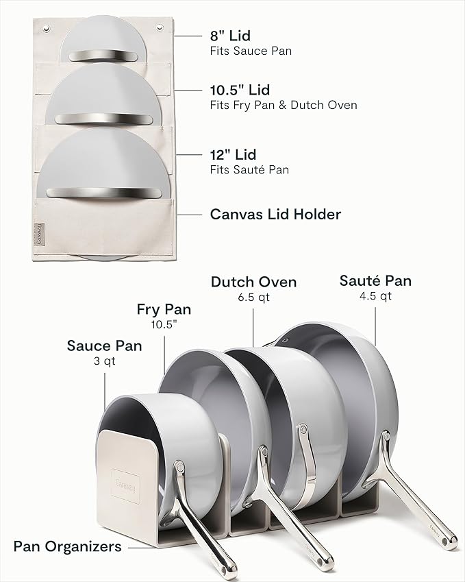Caraway Nonstick Ceramic Cookware Set (12 Piece) Pots, Pans, Lids and Kitchen Storage - Non Toxic - Oven Safe & Compatible with All Stovetops - Gray