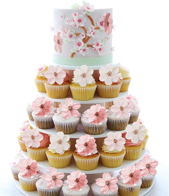 40 PCS Edible Cherry Blossoms Cupcake Toppers Edible Cherry Blossoms Flowers Cake Decorations Wafer Paper Flowers Cupcake Topper for Baby Shower Kids Birthday Party Decorations Supplies Colorful