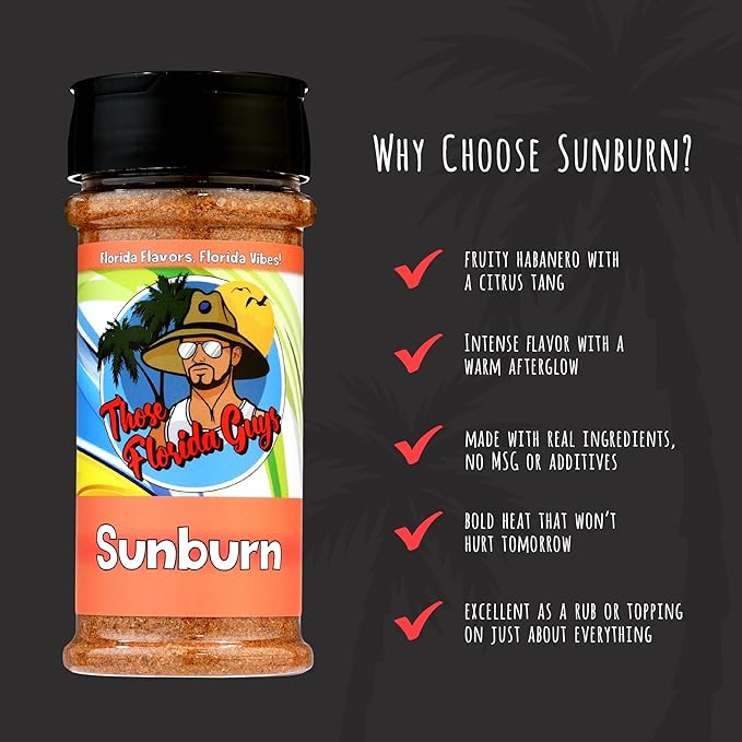 Sunburn Seasoning and Rub, 150g - Unique Blend of Fruity Habanero & Tropical Tang for Bold and Pleasant Heat - Perfect Spices for Pork, Chicken, Fish, Shrimp, French Fries & More