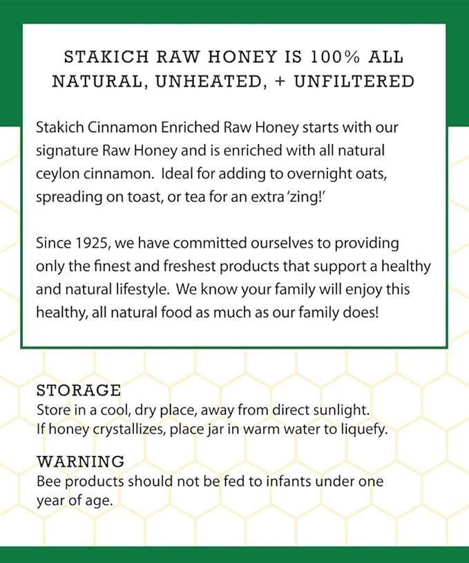 Stakich Cinnamon Enriched Raw Honey - Unprocessed, Unheated - 5 Pound (80 Ounce)