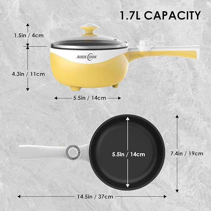 Audecook Hot Pot Electric, 1.7L Mini Electric Skillet Portable Nonstick Saut챕 Pan with Power Adjustment, Rapid Noodles Cooker Travel Multicooker for Steak/Soup/Egg/Oatmeal/Noodles