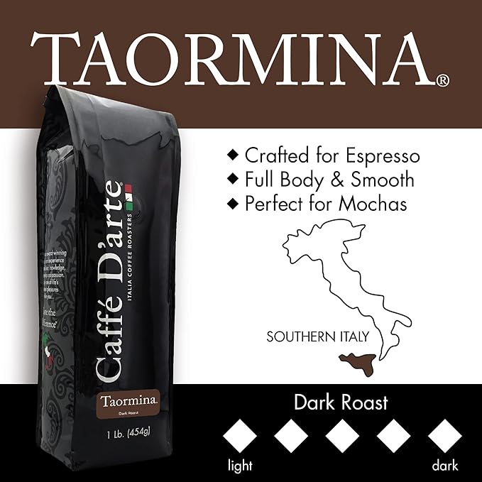 Caffe D'arte Taormina Whole Bean Espresso Coffee ??Italian Roast, Full-Bodied & Smooth Flavor ??Perfect for Espresso, Cappuccinos & Mochas - 1 Pound, Pack of 2