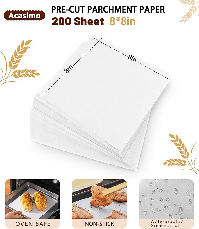 200PCS Parchment Paper Sheets, 8x8 Inch, Squares Baking Paper for Baking, Air Fryer, Steaming, Grilling, Roasting, Wrapping, Precut Non-Stick Square Pan Liners, Oven Paper for Bread, Cookies, Cake