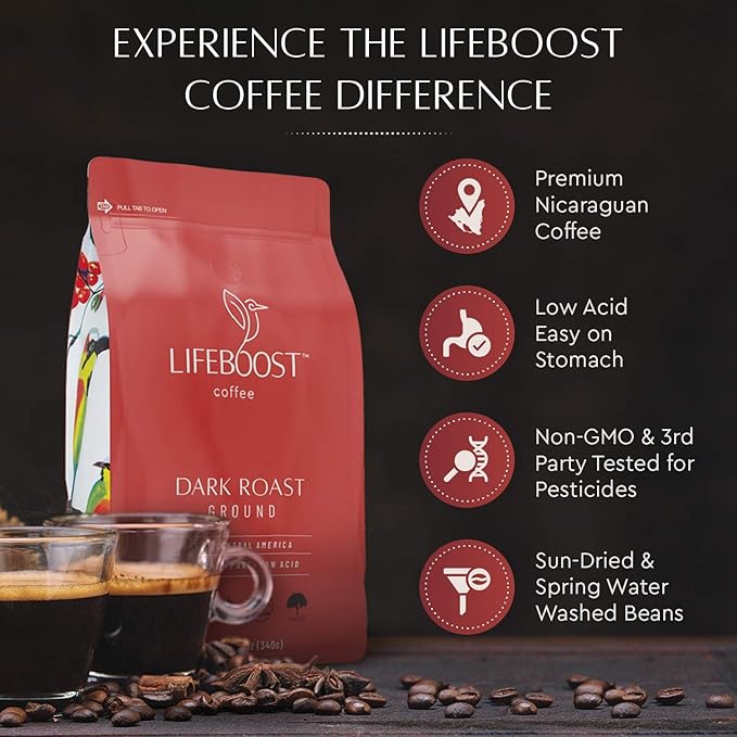 Lifeboost Coffee 3 Pack Dark Roast Ground Coffee - Low Acid Single Origin USDA Organic Coffee - Non-GMO Ground Coffee Beans Dark Roast Third Party Tested For Mycotoxins & Pesticides - 12 Ounces