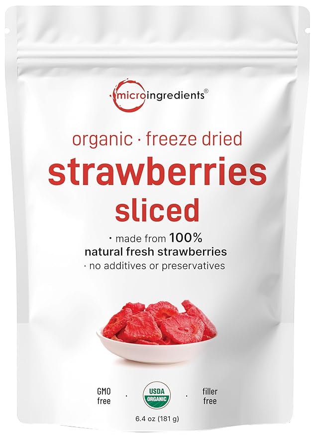 Micro Ingredients Organic Strawberries Sliced, 6.4oz | 100% Natural Fruit | Freeze Dried Strawberry Source | No Sugar & Additives | Healthy Snack & Topping for Beverages or Recipes | Non-GMO, Vegan