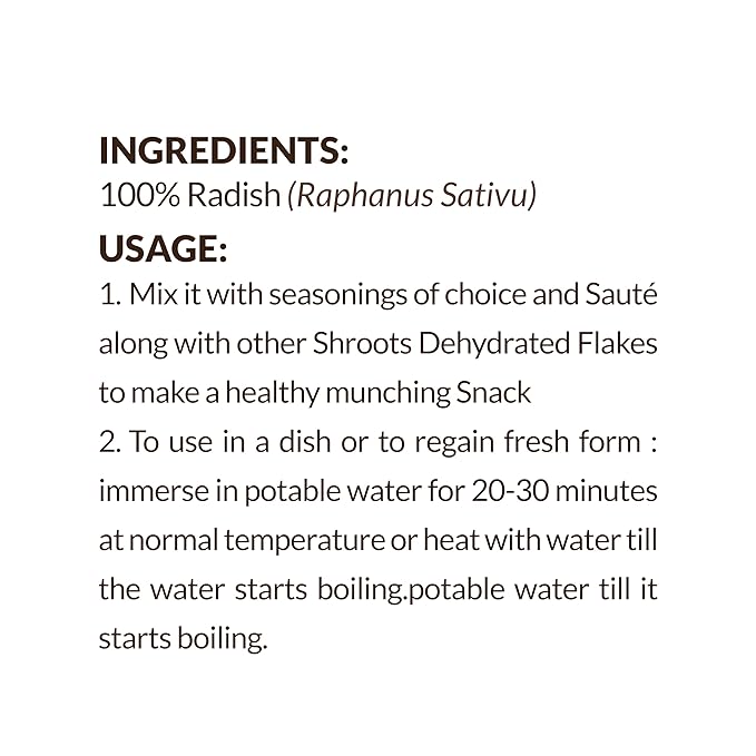 SHROOTS Dehydrated Radish Flakes Pure Vegetarian Gluten-Free No Added Salt Easy Cooking Machine Essential Dried Vegetable Boosted with Aroma Fiber Perfect for Dals or Everyday Meals 1.23 oz, Pack of 1