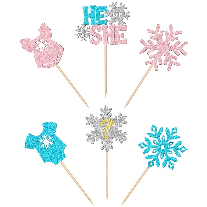 24 PCS Snowflake Gender Reveal Cupcake Toppers Pink Blue Glitter He or She Snowflake Cupcake Picks Boy or Girl Cake Decorations for Gender Reveal Theme Baby Shower Kids Birthday Party Supplies