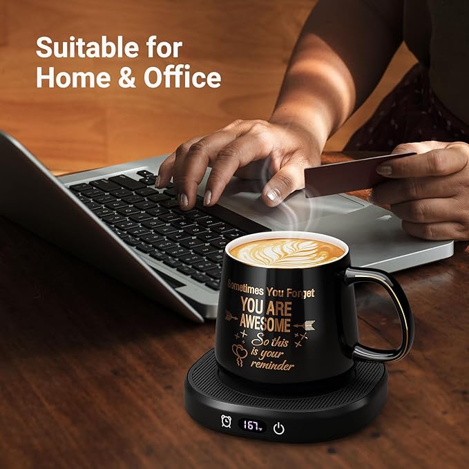 Coffee Mug Warmer & You are Awesome Mug Set, Electric Cup Warmer for Desk Office Home, Beverage Warmer with 4 Temperature Setting, 8-Hours Auto Shut Off, Best Birthday Present Ideas for Women Man