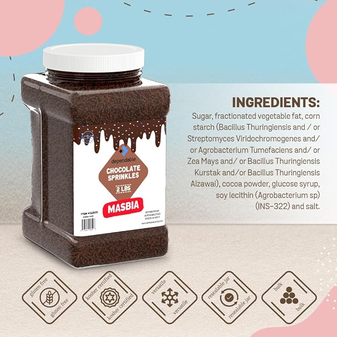 Dependable Food Chocolate Sprinkles - 2 Lb. Bulk Container - Gluten-Free, Kosher, Brown Jimmies for Cake Decorating, Cupcakes & More - Resealable Jar