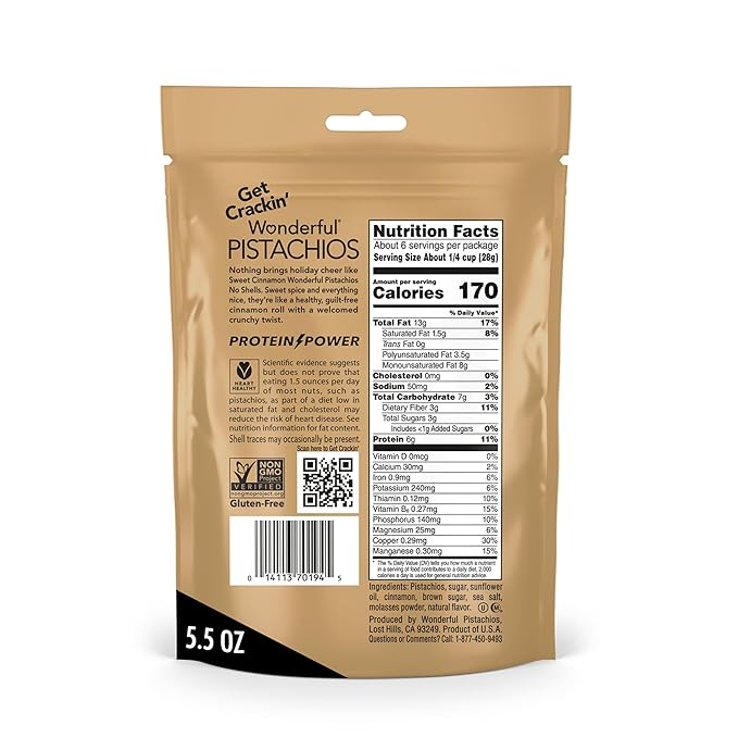 Wonderful Pistachios No Shells, Sweet Cinnamon Flavored Nuts, 5.5 Ounce Resealable Bag, Protein Snacks, Gluten Free, Healthy Snack