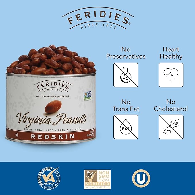 FERIDIES Extra Large Gourmet Salted Redskin Virginia Peanuts with Skins, 18 Oz CAN, All Natural, Kosher, Non-GMO