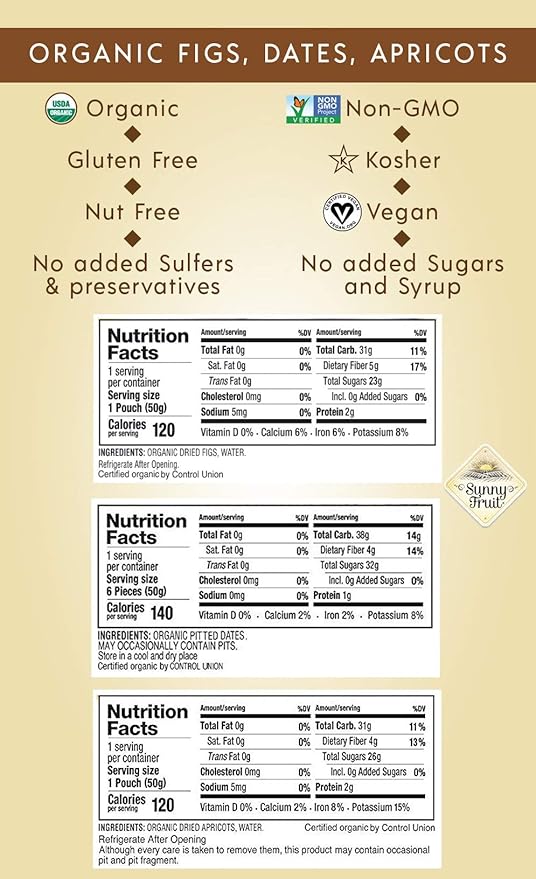 Sunny Fruit Organic Dried Fruit Assortment - Dates, Figs & Apricots Variety, 3 Bags (15 Individual Portion Packs) | No Preservatives, No Sugar Added | ORGANIC, NON-GMO, VEGAN, HALAL, KOSHER
