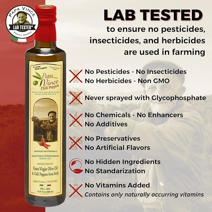 Papa Vince Olive Oil Extra Virgin - First Cold Pressed, Polyphenol Rich Olive Oil (EVOO). Chili Pepper Agrumato, Unfiltered, Single Sourced, Glass Bottle, Family made, Sicily, Italy