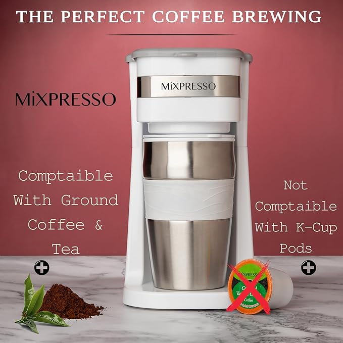 Mixpresso White Personal Single Serve Coffee Maker with 14oz Travel Mug, Drip Small Coffee Maker with Auto Shut Off, Reusable Filter, Works with Ground Coffee Only ??Not for K-Cup Pods